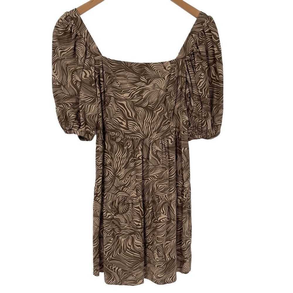 House Of Harlow 1960 Linen Blend Puff Sleeve Mini Dress Women XS Brown‎ Tan